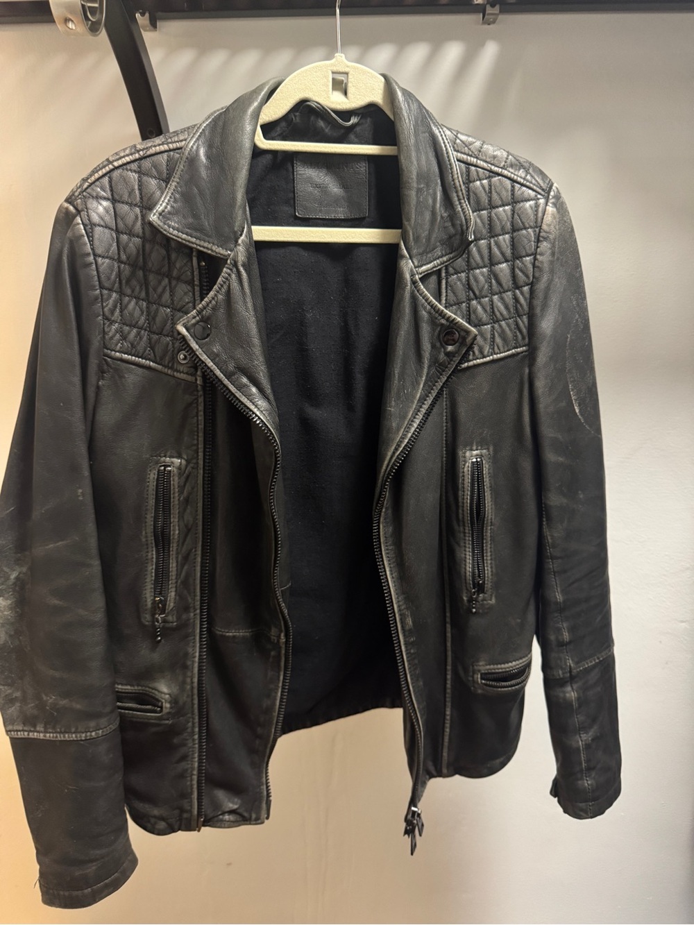 AllSaints Black Quilted-Shoulder Leather Bomber Jacket